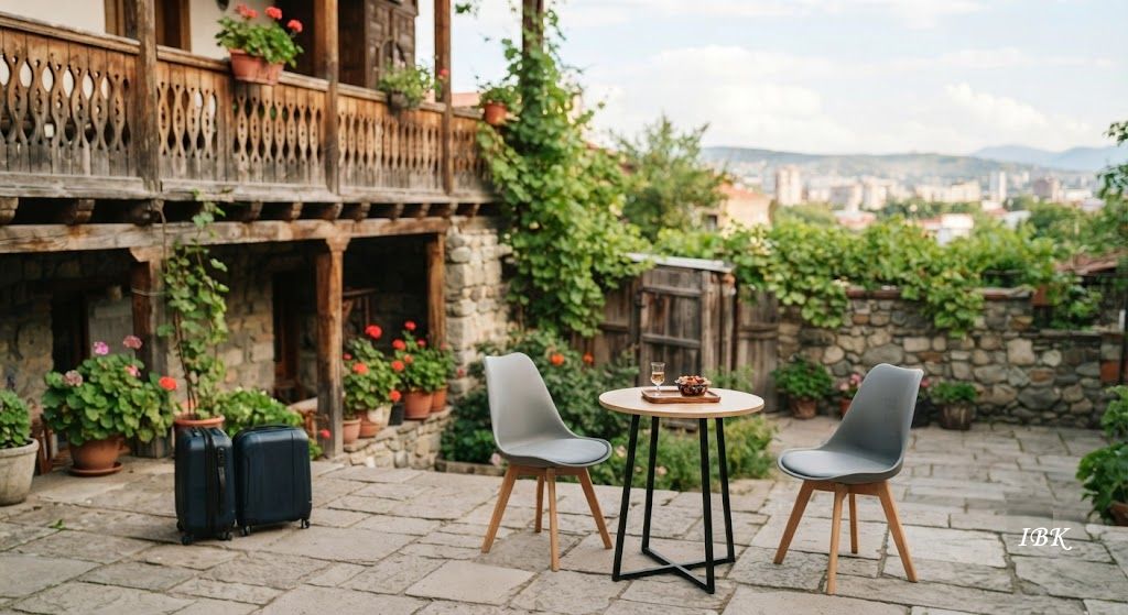 Gemütlicher georgischer Innenhof mit Sitzbereich, Koffern und Blick auf Stadt