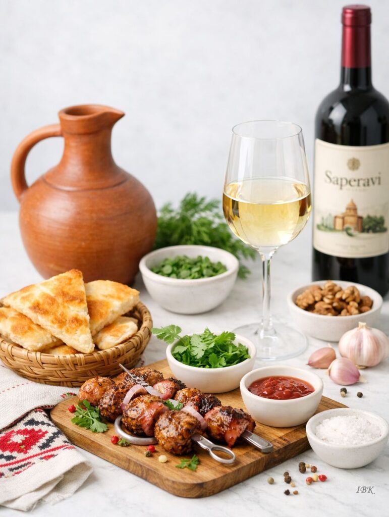 Georgische Mzwadi, Brot und Saperawi‑Wein auf gedecktem Tisch